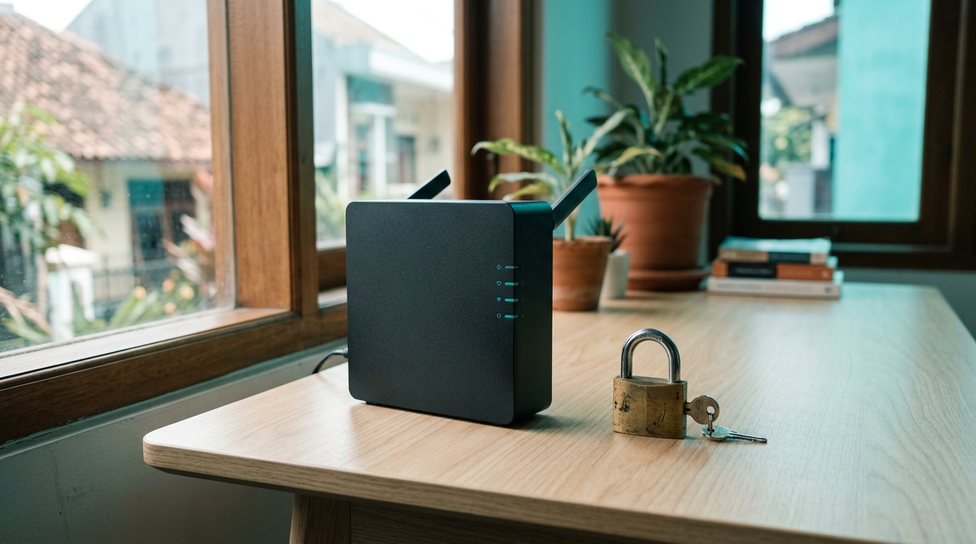 Router WiFi dengan sebuah gembok di sampingnya di atas meja yang bersih.