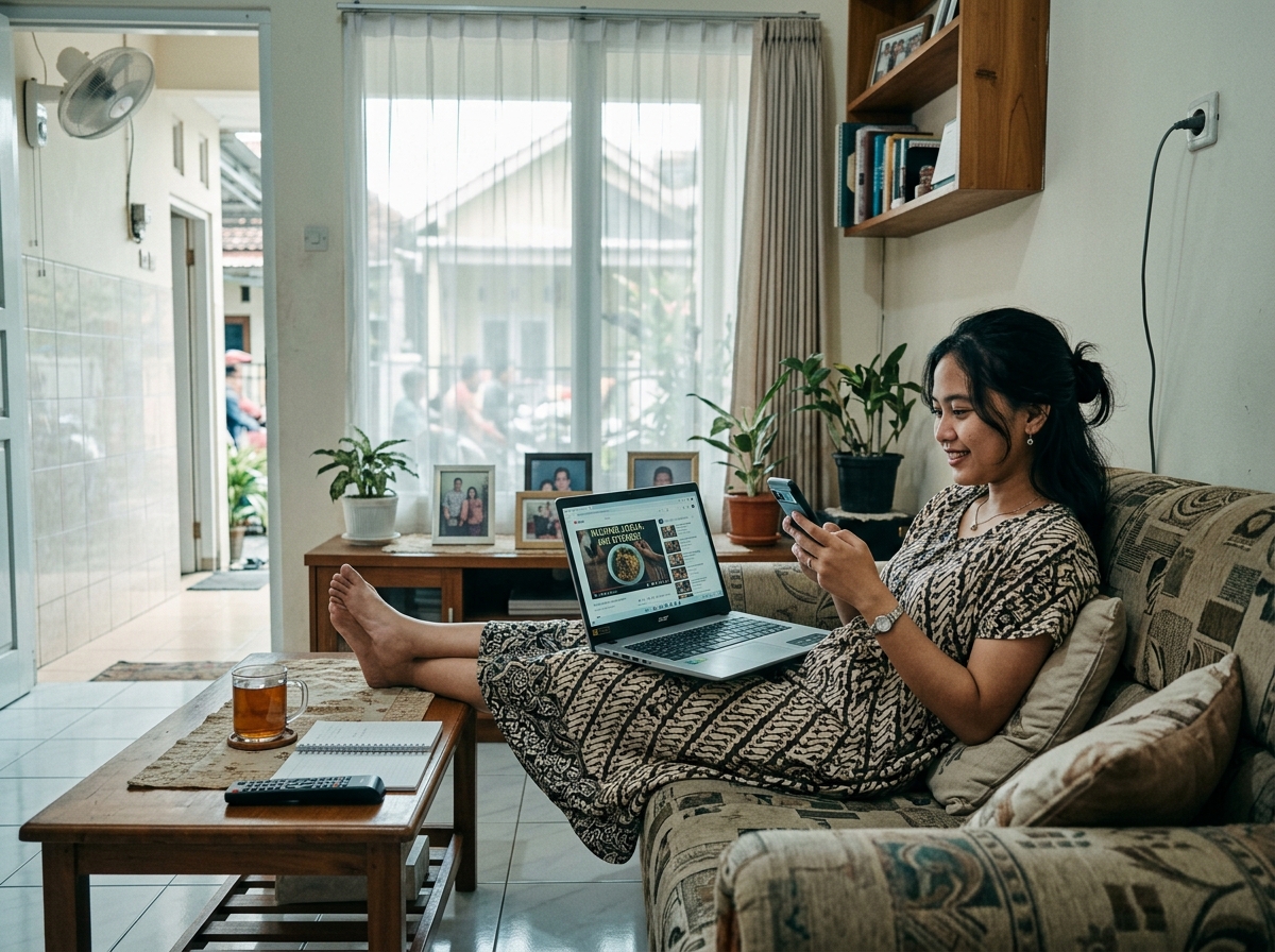 Seorang perempuan muda bersantai di sofa rumah kecil yang rapi, main HP sambil menonton YouTube di laptop.