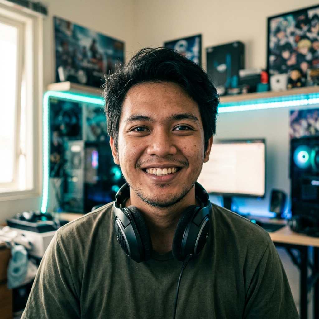 Aldo dengan headphone tersampir di leher, latar ruang gaming berlampu lembut.