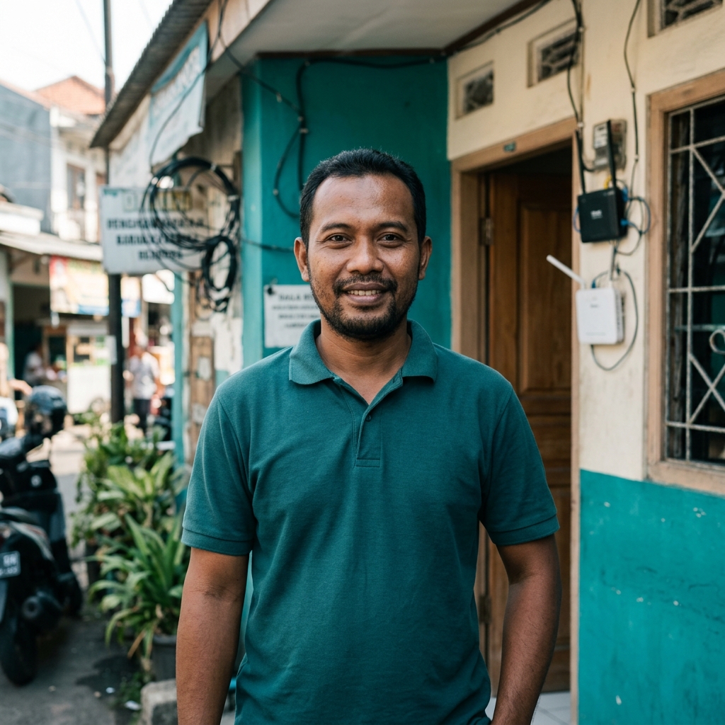 Yusuf Hidayat berkaos polo teal berdiri di depan posko SinyalKita, perangkat jaringan terlihat samar di belakangnya.